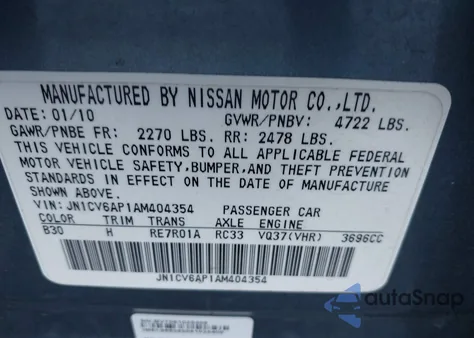 2010 Infiniti G37 Journey from USA, damaged, VIN JN1CV6AP1AM404354